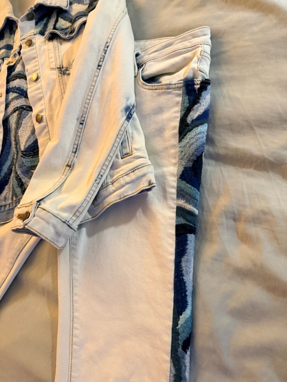 DRIFTWOOD White Jacket and bell bottom jeans with a beautiful blue crochet. - Picture 2 of 14